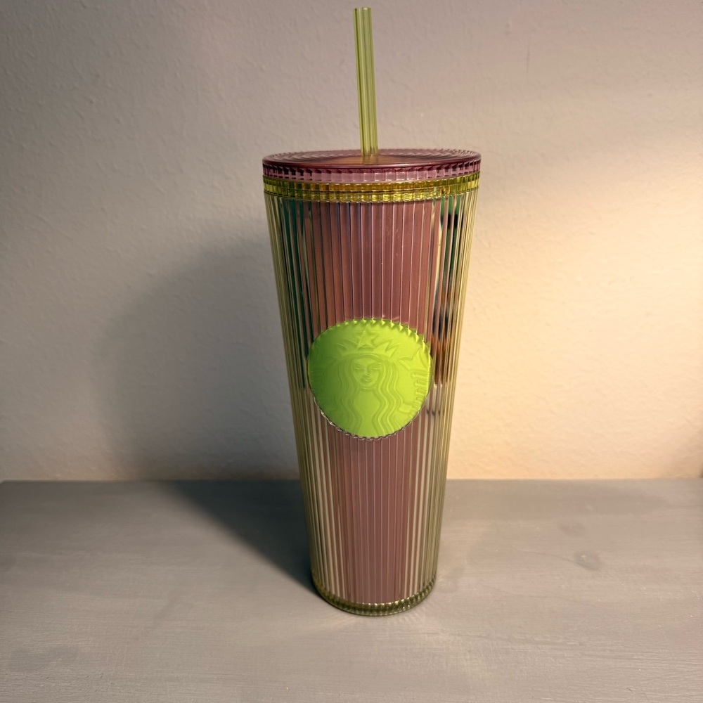 Starbucks 2025 Neon Transparent Lime Lilac Pleated Striped Venti Tumbler 24oz